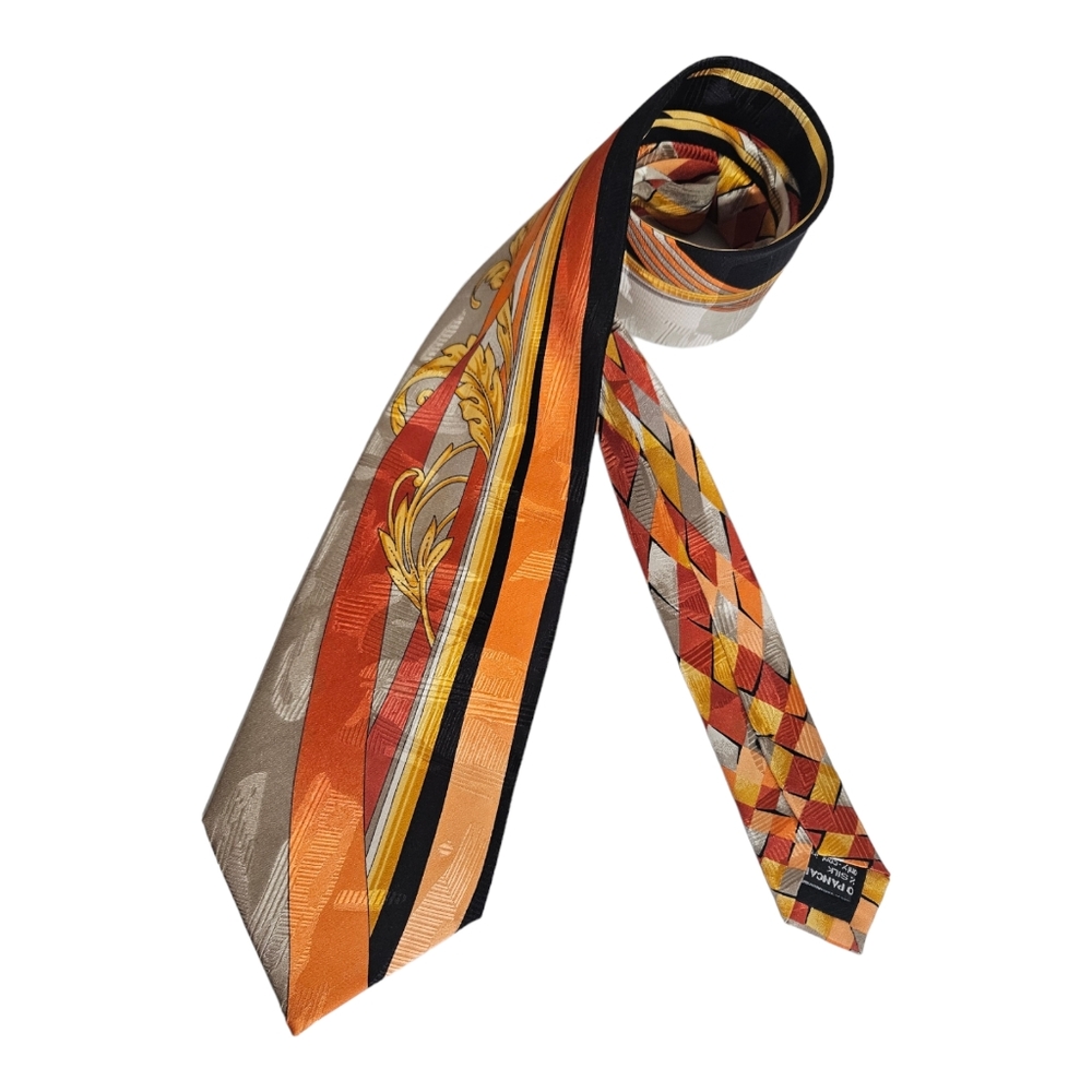 VITALIANO PANCALDI XL Orange/Beige Geometric Art Silk LUXURY Tie ITALY